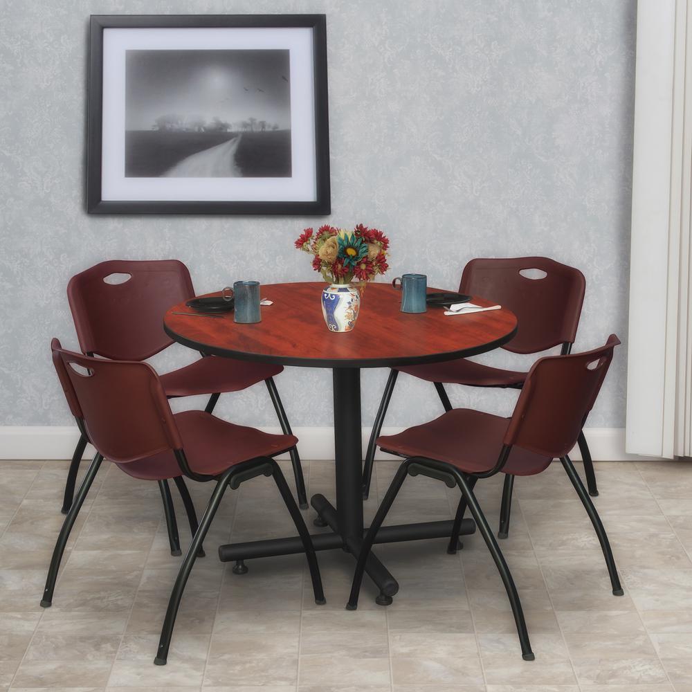 Kobe 36" Round Breakroom Table- Cherry & 4 'M' Stack Chairs- Burgundy. Picture 2