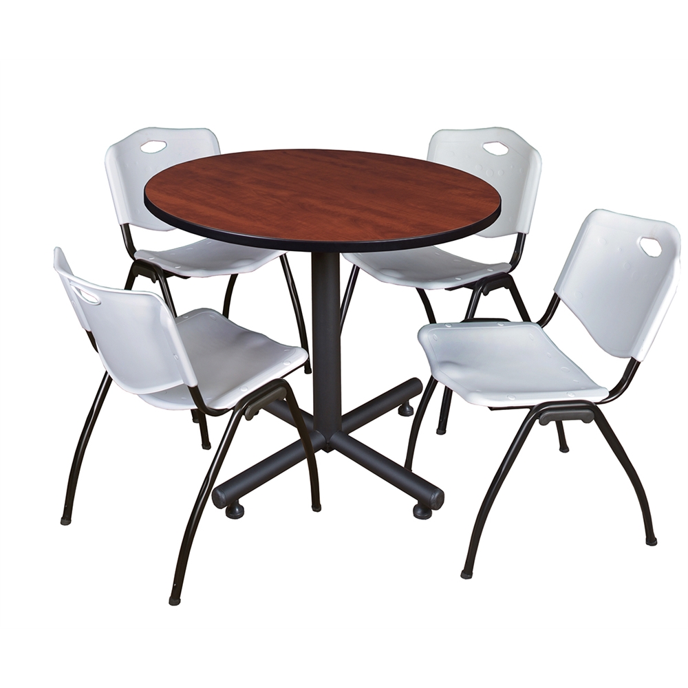 Kobe 36" Round Breakroom Table- Cherry & 4 'M' Stack Chairs- Grey. Picture 1
