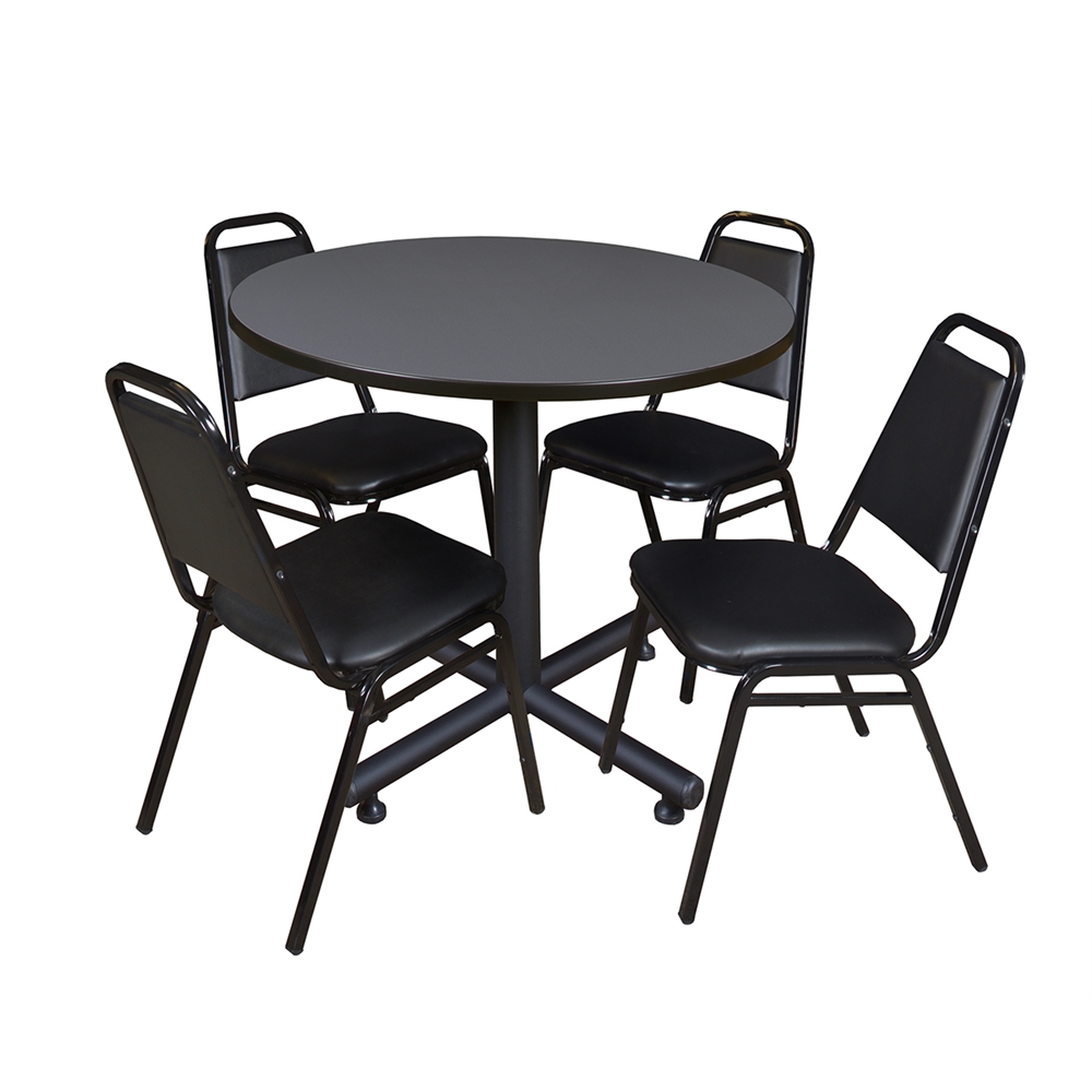 Kobe 36" Round Breakroom Table- Grey & 4 Restaurant Stack Chairs- Black. Picture 1