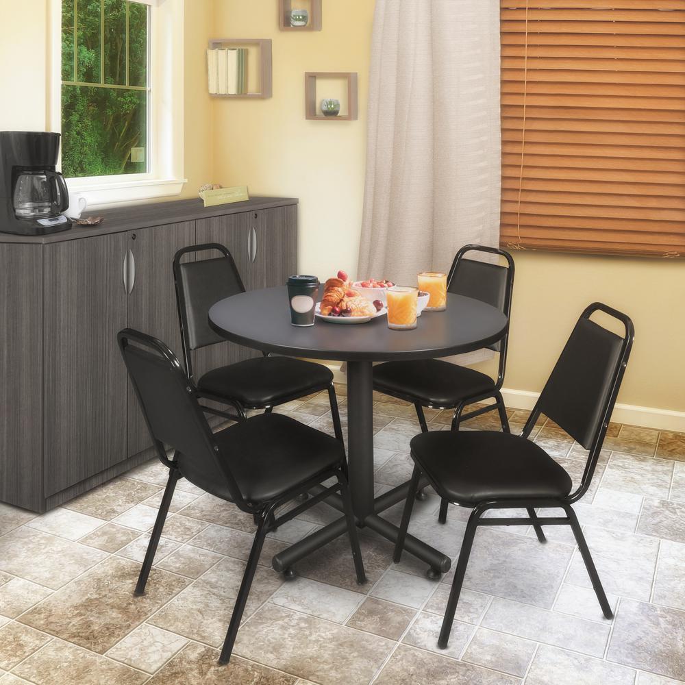 Kobe 36" Round Breakroom Table- Grey & 4 Restaurant Stack Chairs- Black. Picture 2
