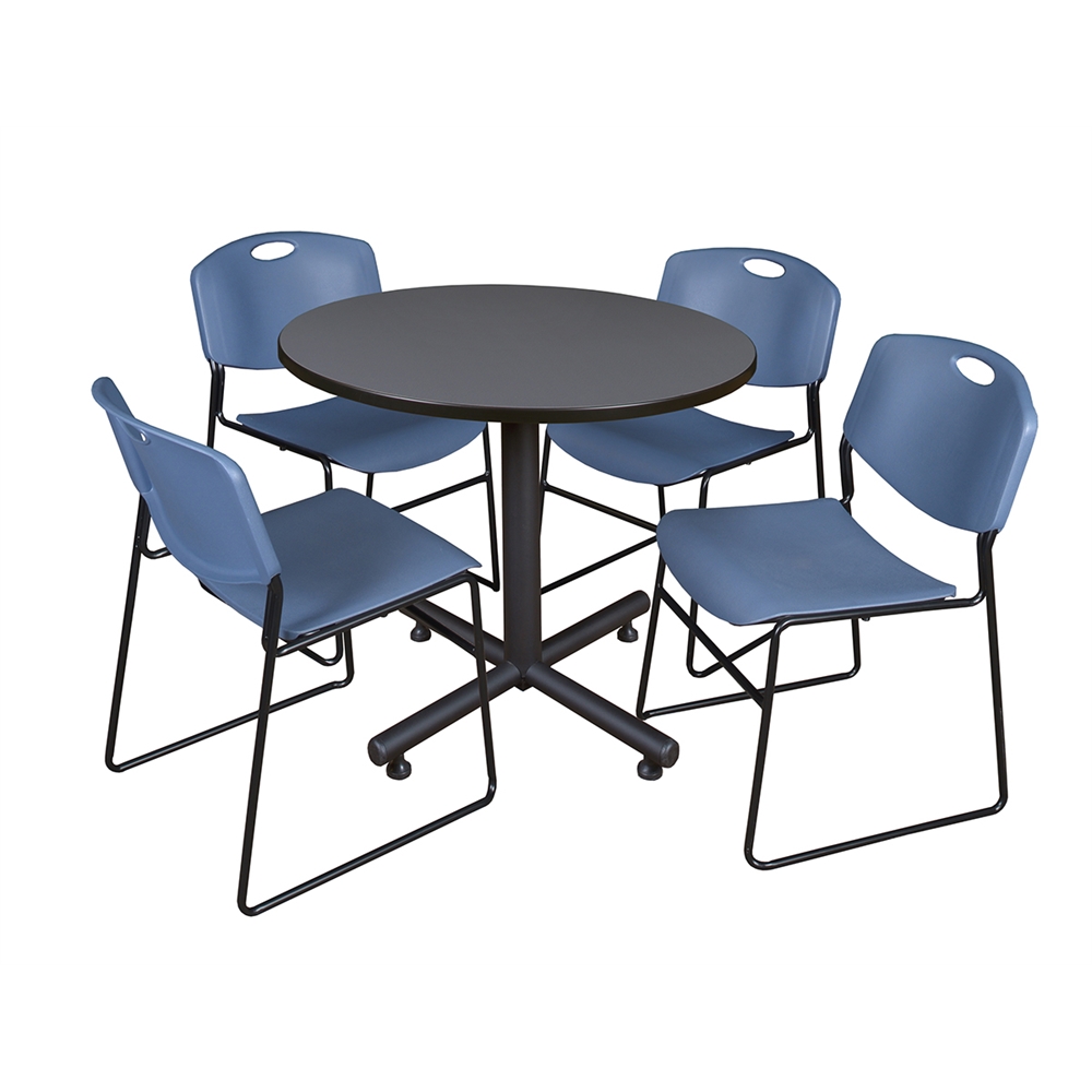 Kobe 36" Round Breakroom Table- Grey & 4 Zeng Stack Chairs- Blue. Picture 1