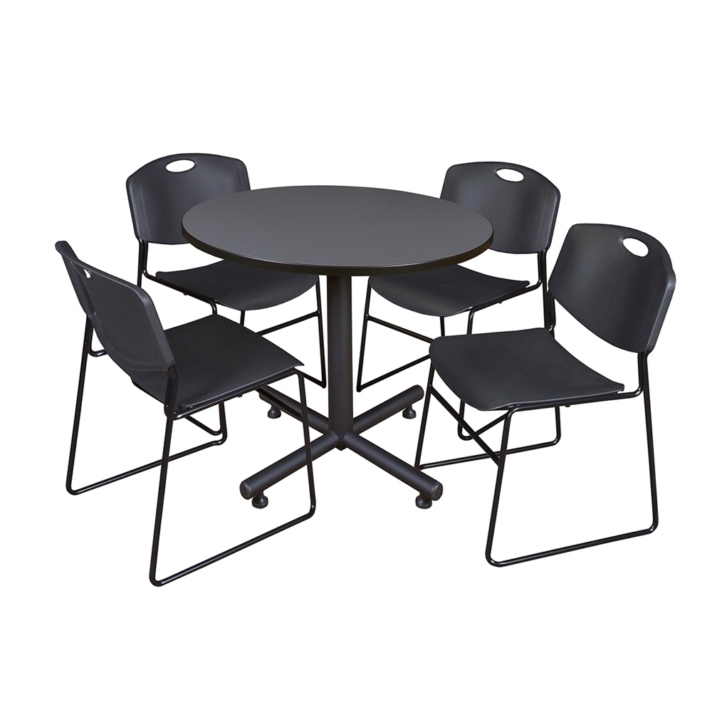 Kobe 36" Round Breakroom Table- Grey & 4 Zeng Stack Chairs- Black. Picture 1