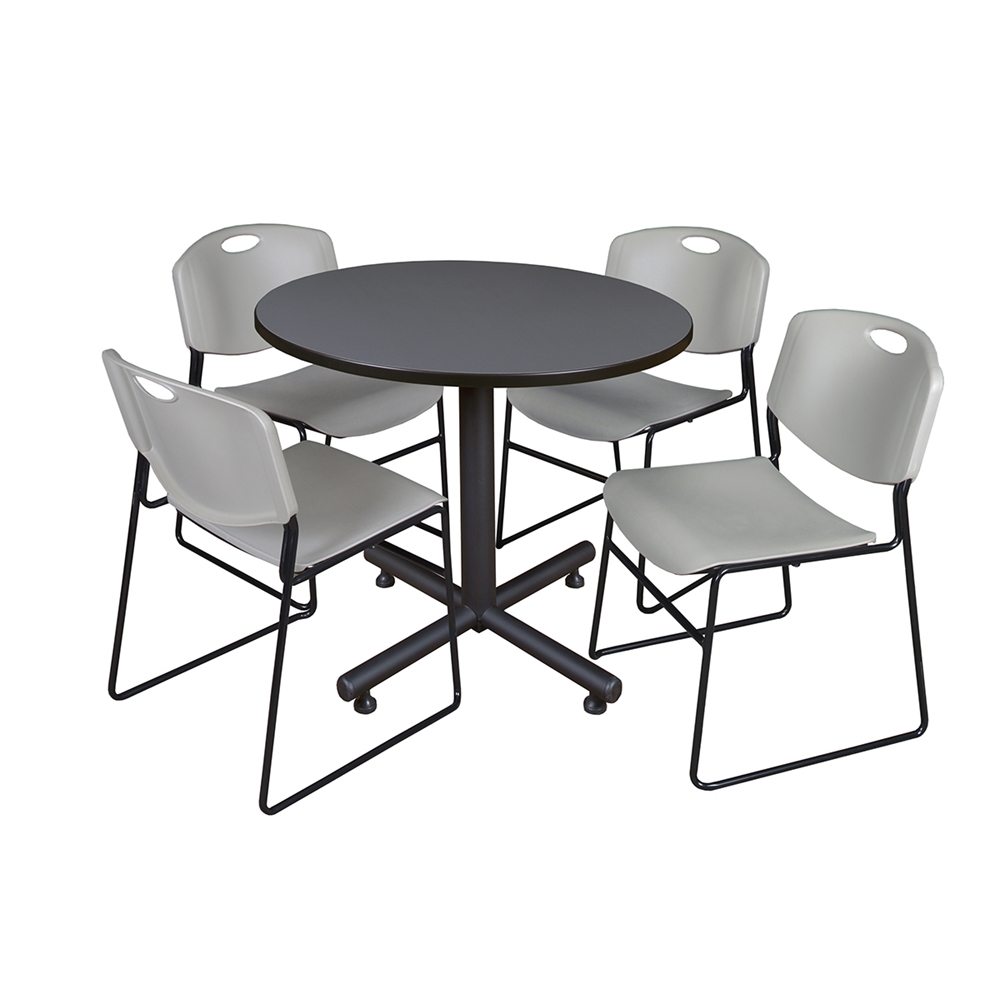 Kobe 36" Round Breakroom Table- Grey & 4 Zeng Stack Chairs- Grey. Picture 1
