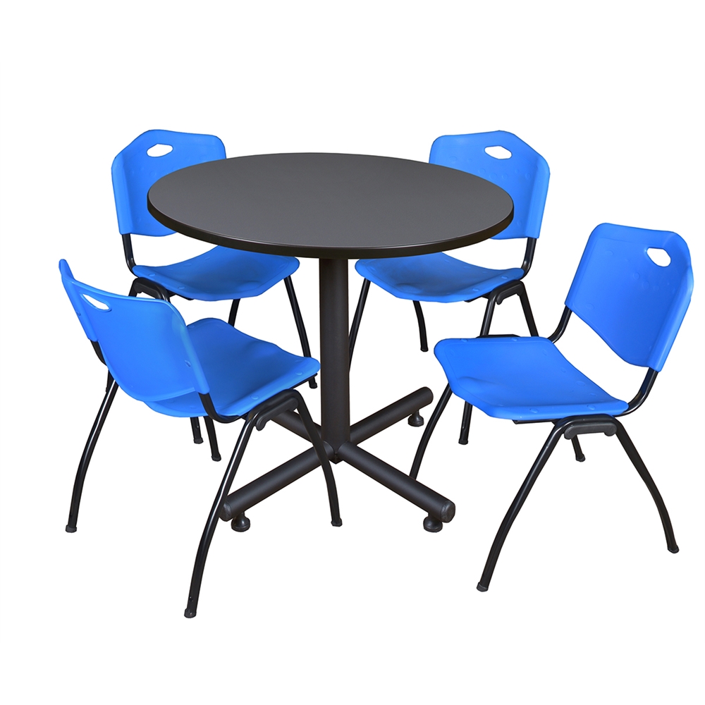 Kobe 36" Round Breakroom Table- Grey & 4 'M' Stack Chairs- Blue. Picture 1