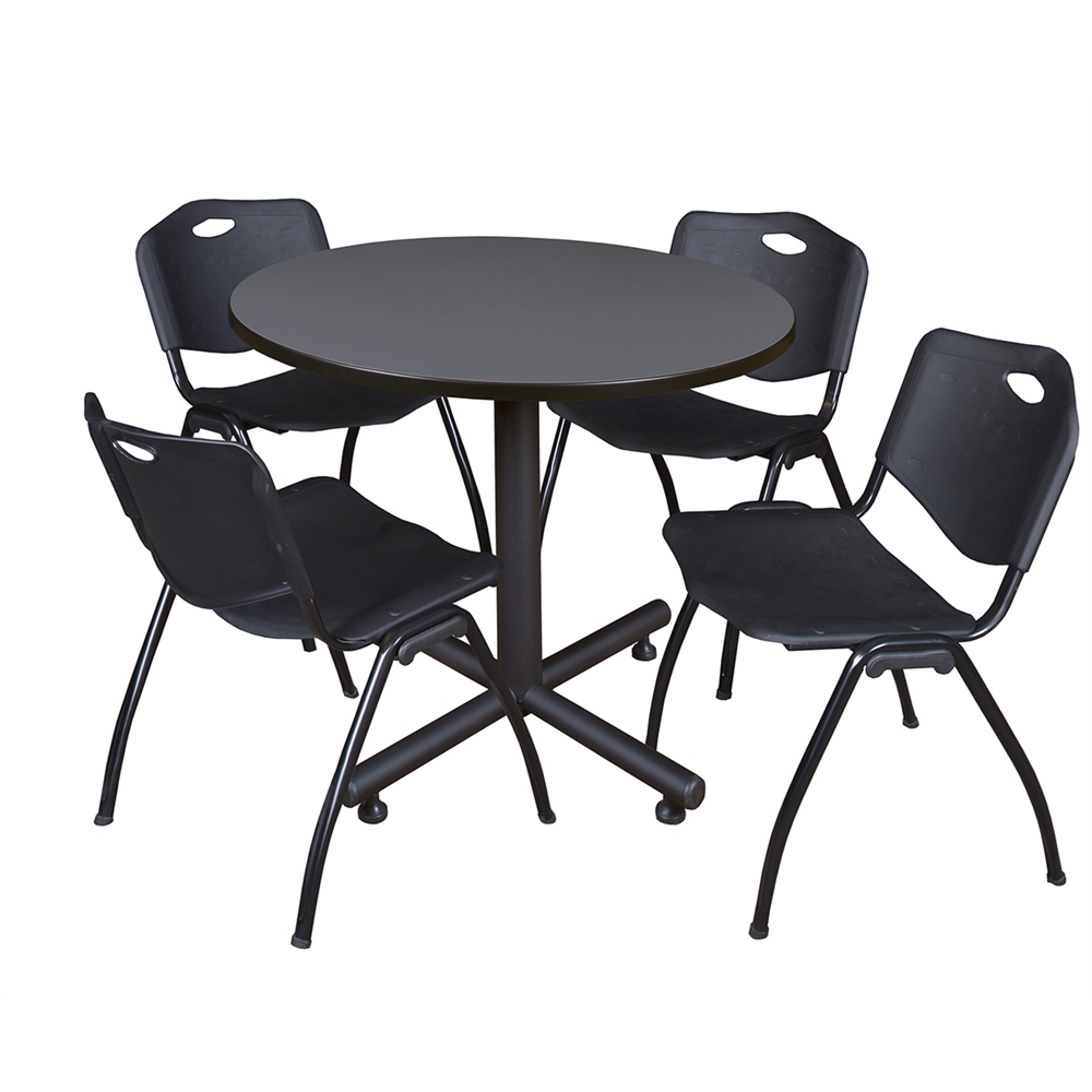 Kobe 36" Round Breakroom Table- Grey & 4 'M' Stack Chairs- Black. Picture 1