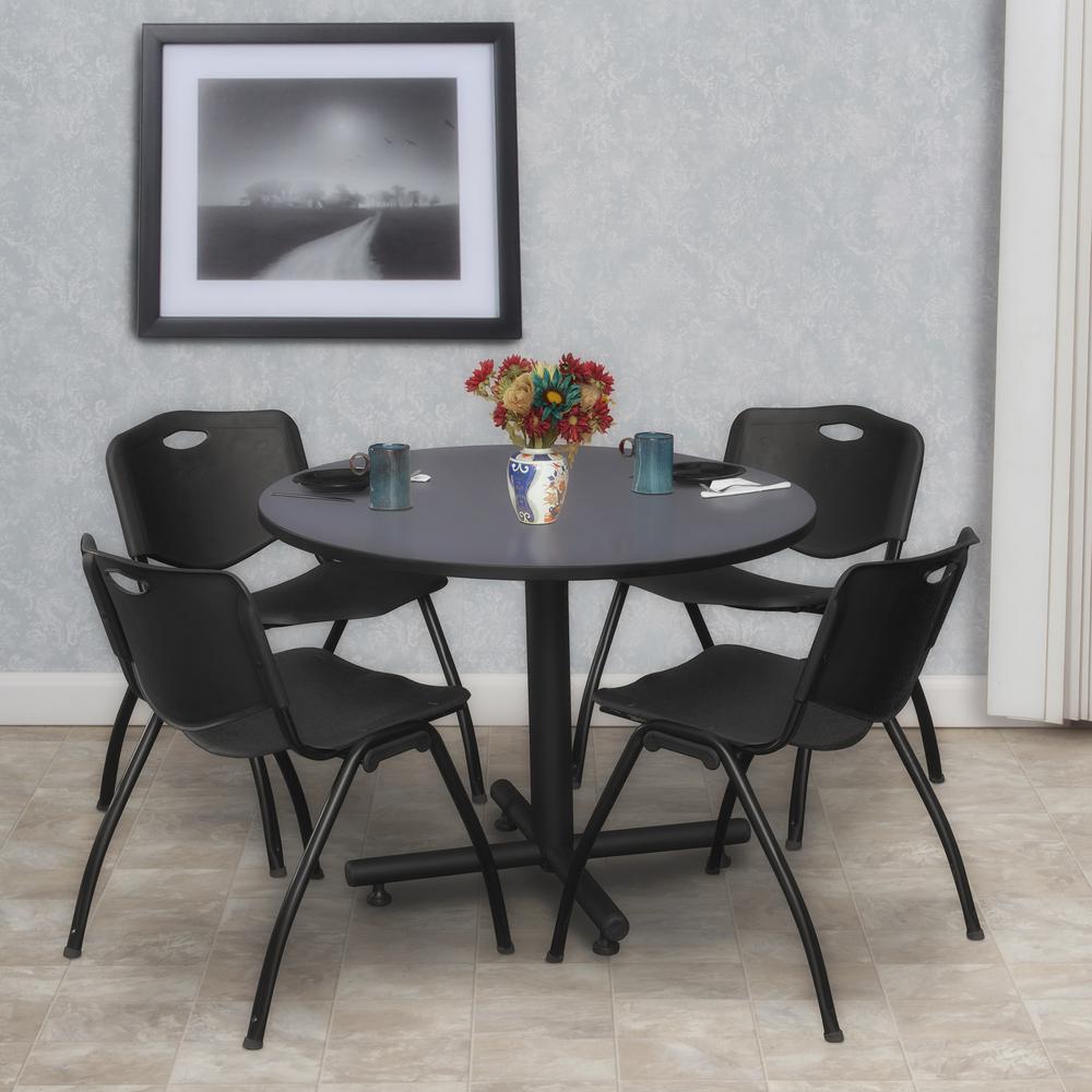 Kobe 36" Round Breakroom Table- Grey & 4 'M' Stack Chairs- Black. Picture 2