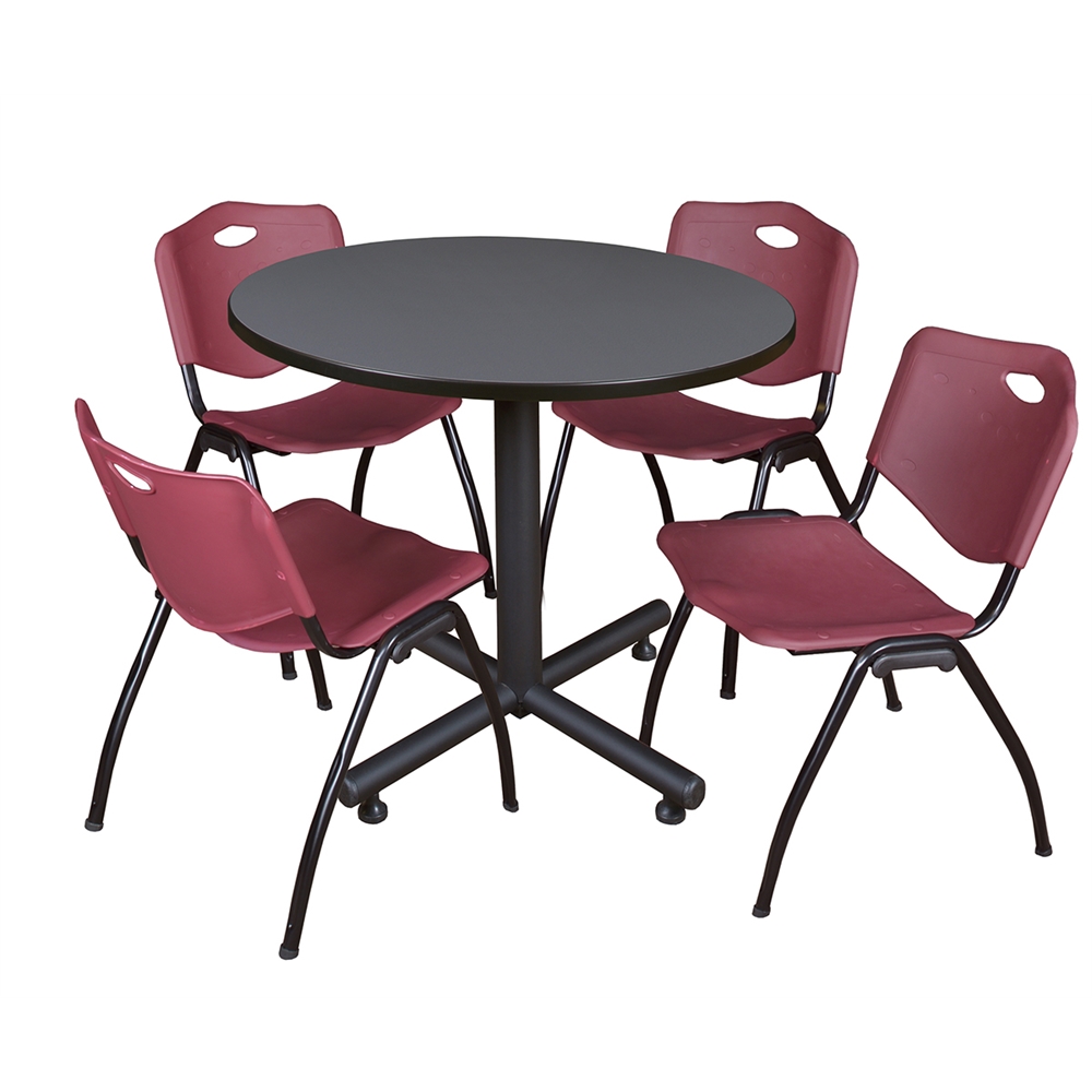 Kobe 36" Round Breakroom Table- Grey & 4 'M' Stack Chairs- Burgundy. Picture 1