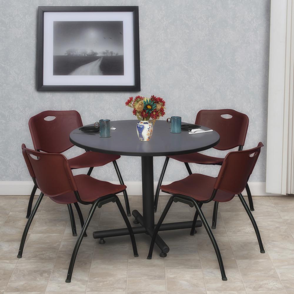 Kobe 36" Round Breakroom Table- Grey & 4 'M' Stack Chairs- Burgundy. Picture 2