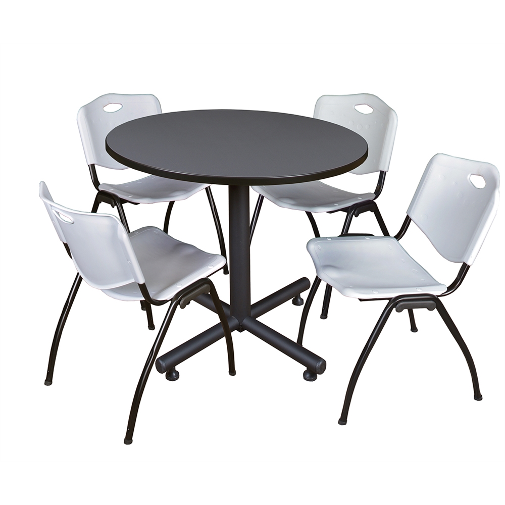 Kobe 36" Round Breakroom Table- Grey & 4 'M' Stack Chairs- Grey. Picture 1