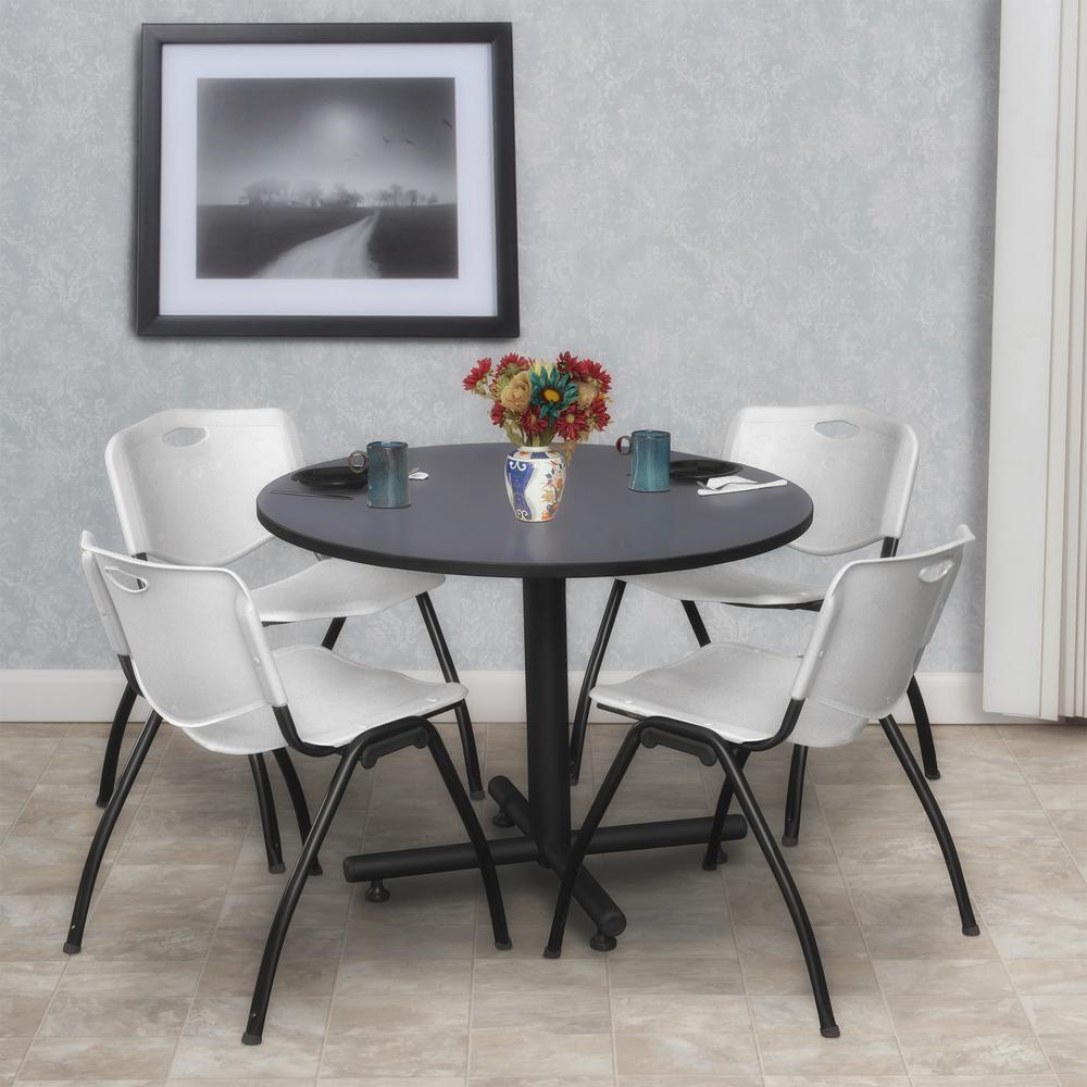 Kobe 36" Round Breakroom Table- Grey & 4 'M' Stack Chairs- Grey. Picture 2