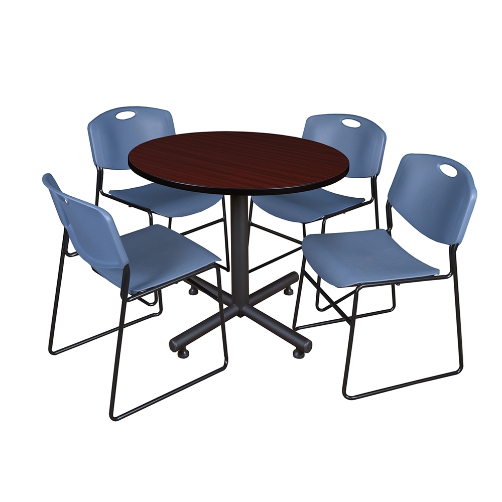 Kobe 36" Round Breakroom Table- Mahogany & 4 Zeng Stack Chairs- Blue. Picture 1