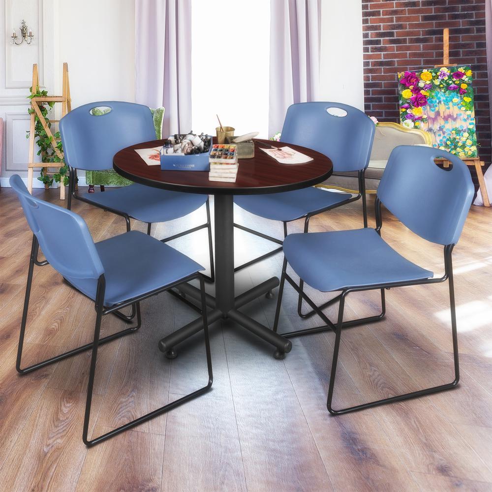 Kobe 36" Round Breakroom Table- Mahogany & 4 Zeng Stack Chairs- Blue. Picture 2