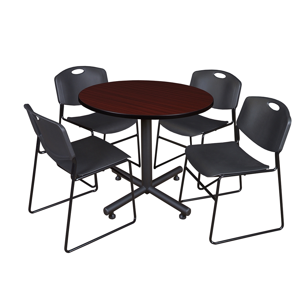 Kobe 36" Round Breakroom Table- Mahogany & 4 Zeng Stack Chairs- Black. Picture 1