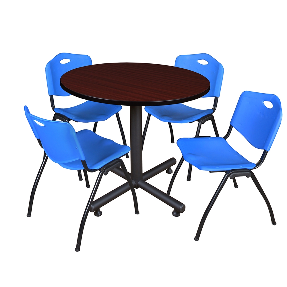 Kobe 36" Round Breakroom Table- Mahogany & 4 'M' Stack Chairs- Blue. Picture 1