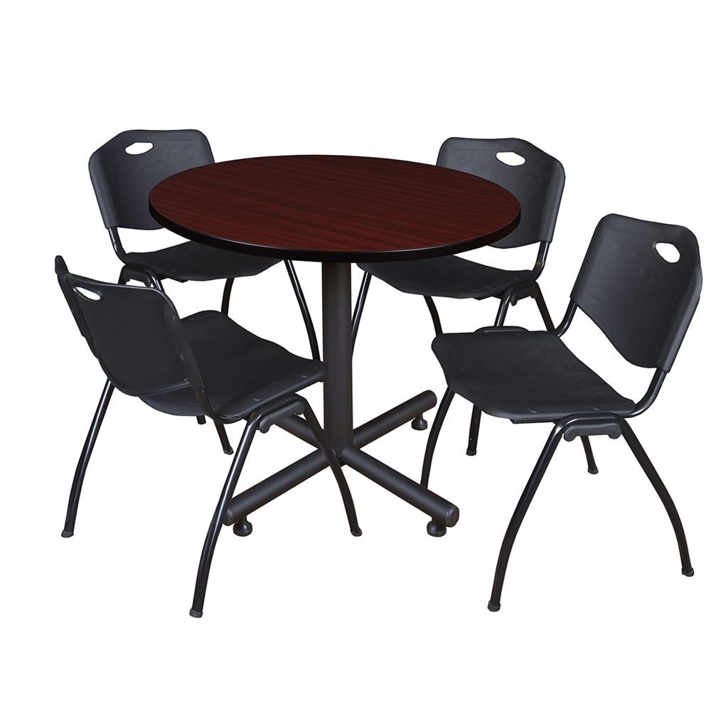 Kobe 36" Round Breakroom Table- Mahogany & 4 'M' Stack Chairs- Black. Picture 1