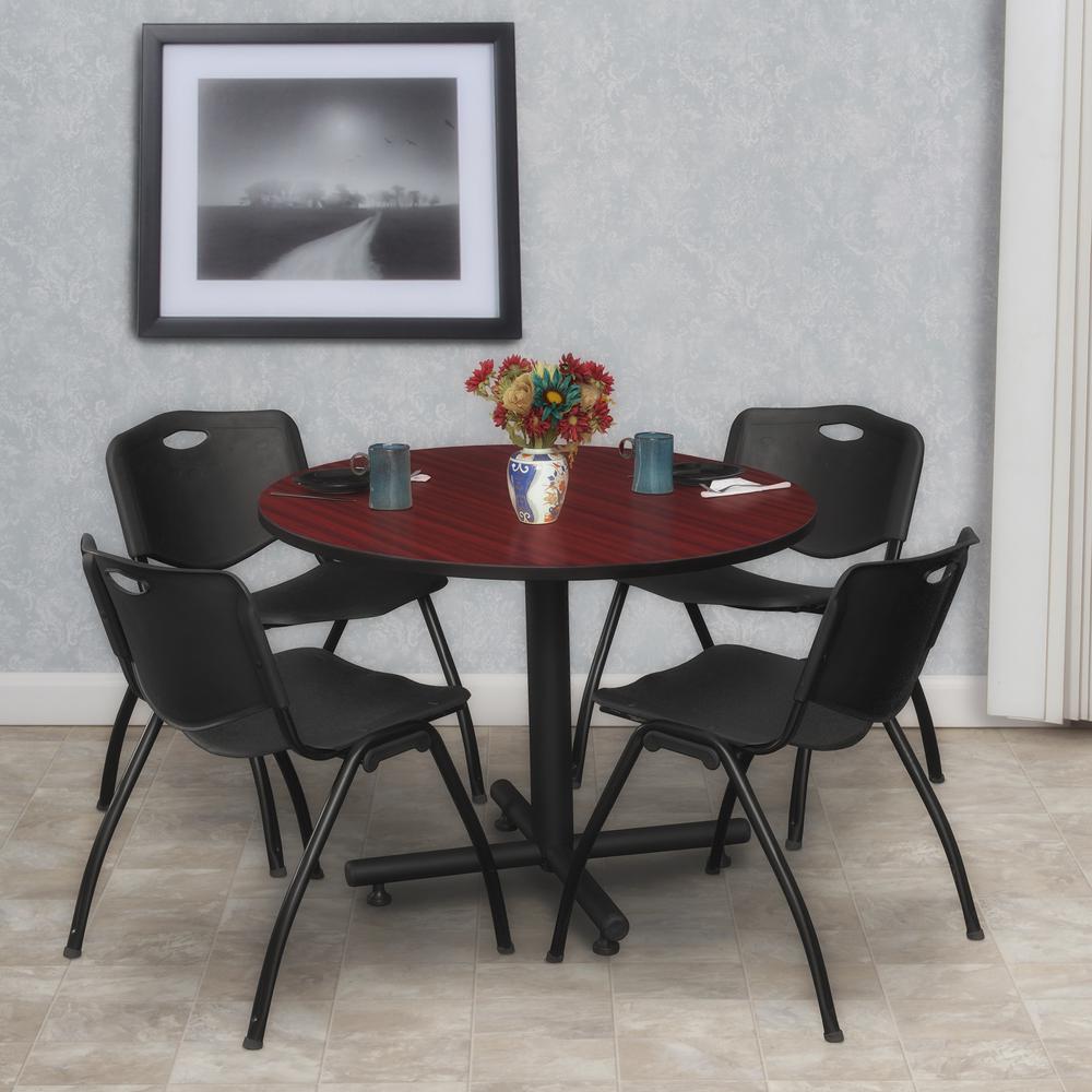 Kobe 36" Round Breakroom Table- Mahogany & 4 'M' Stack Chairs- Black. Picture 2