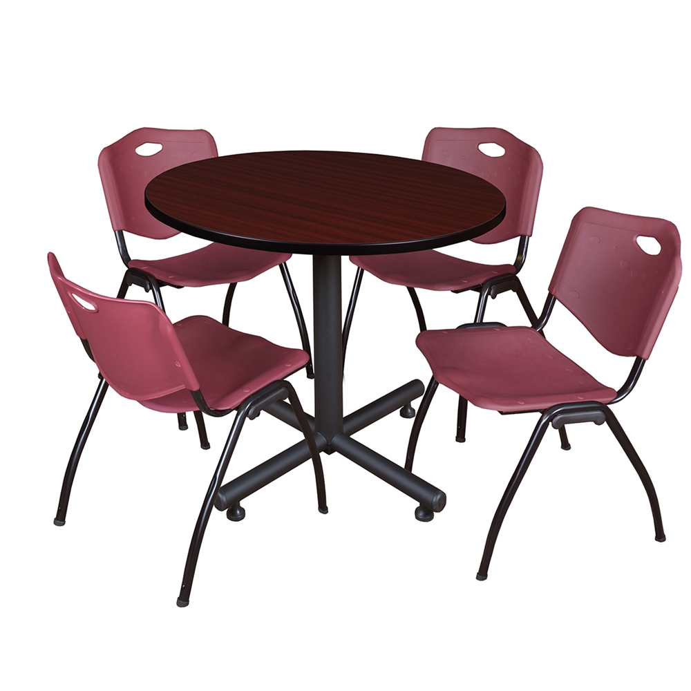 Kobe 36" Round Breakroom Table- Mahogany & 4 'M' Stack Chairs- Burgundy. Picture 1