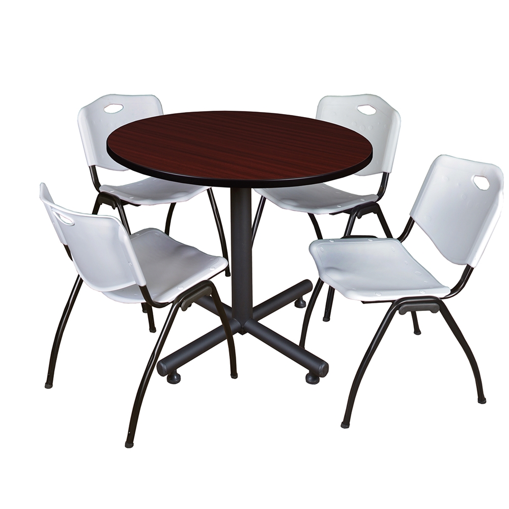 Kobe 36" Round Breakroom Table- Mahogany & 4 'M' Stack Chairs- Grey. Picture 1