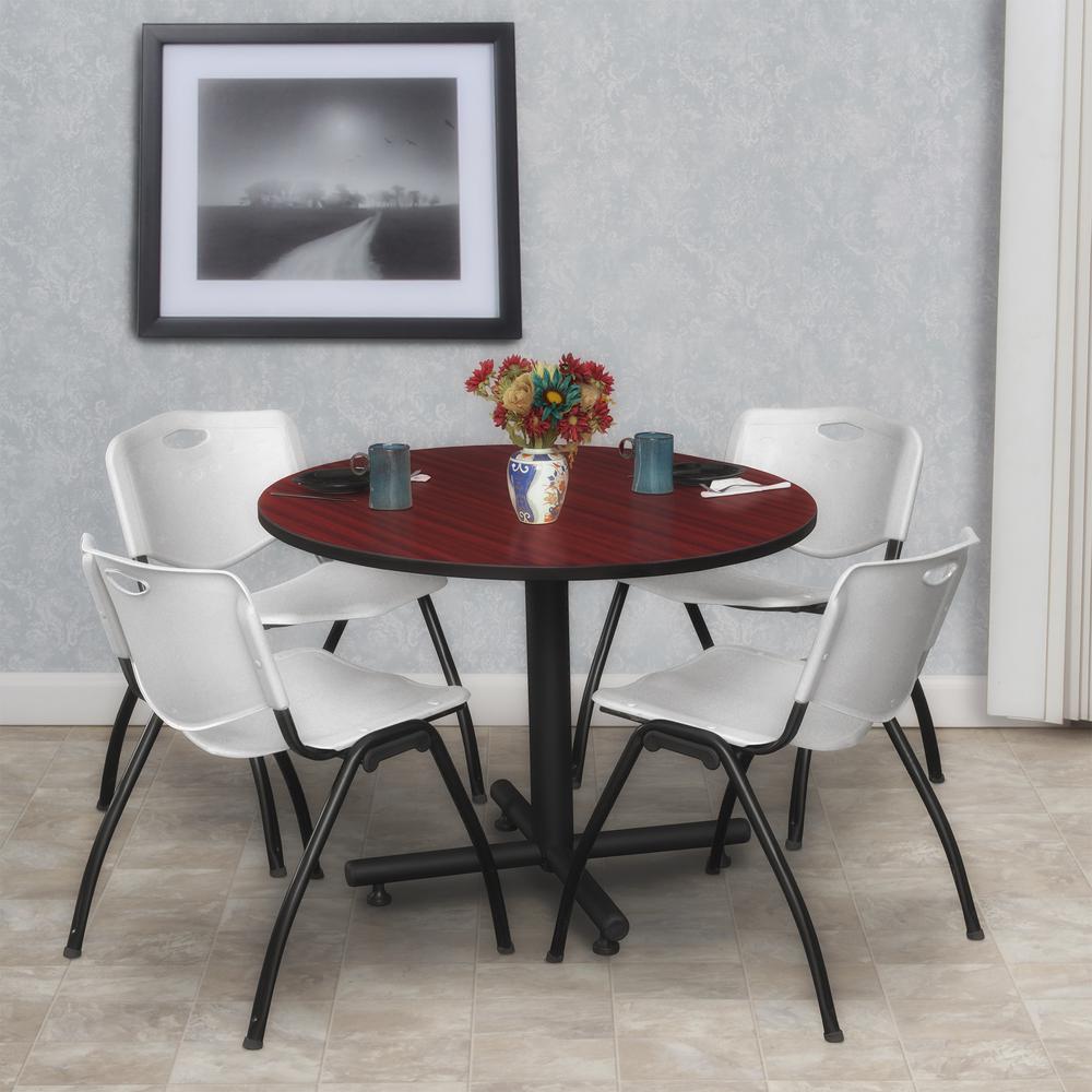 Kobe 36" Round Breakroom Table- Mahogany & 4 'M' Stack Chairs- Grey. Picture 2