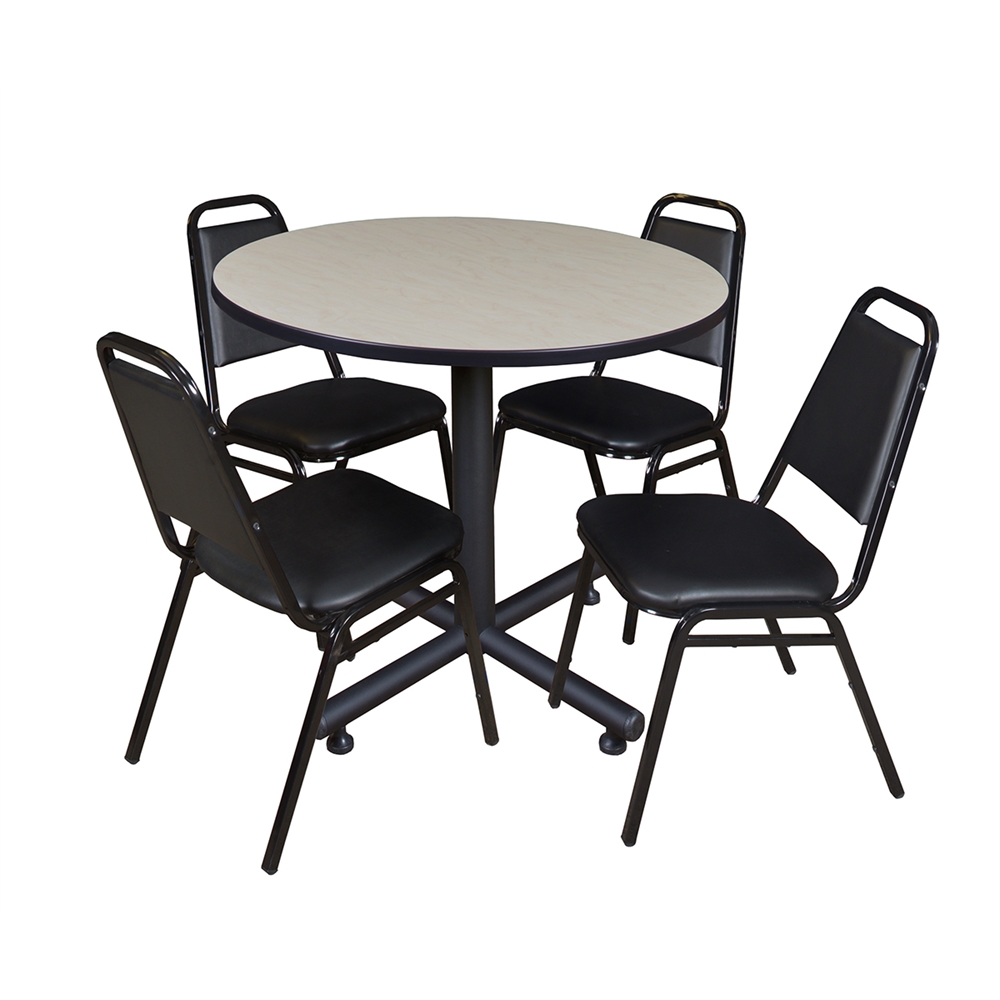 Kobe 36" Round Breakroom Table- Maple & 4 Restaurant Stack Chairs- Black. Picture 1