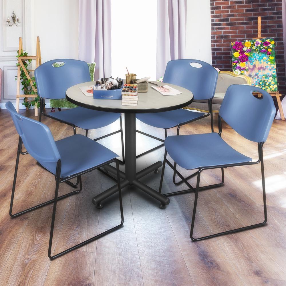 Kobe 36" Round Breakroom Table- Maple & 4 Zeng Stack Chairs- Blue. Picture 2