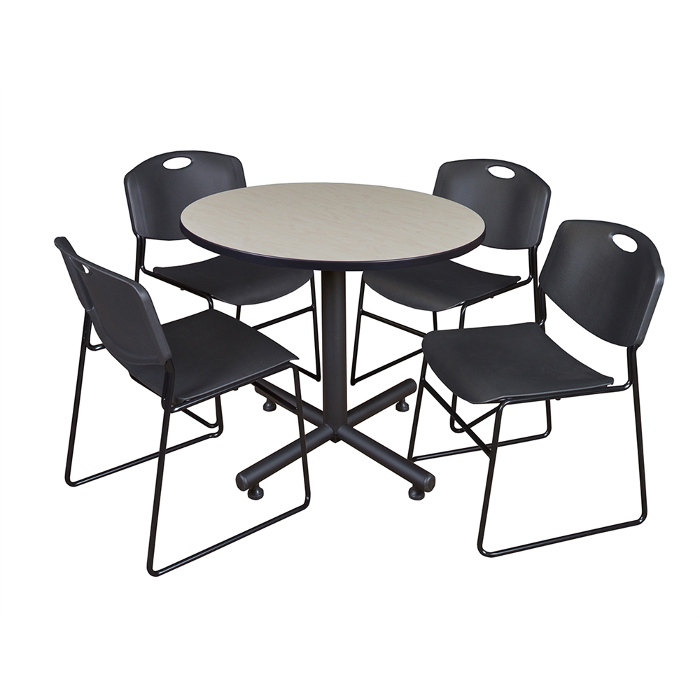 Kobe 36" Round Breakroom Table- Maple & 4 Zeng Stack Chairs- Black. Picture 1