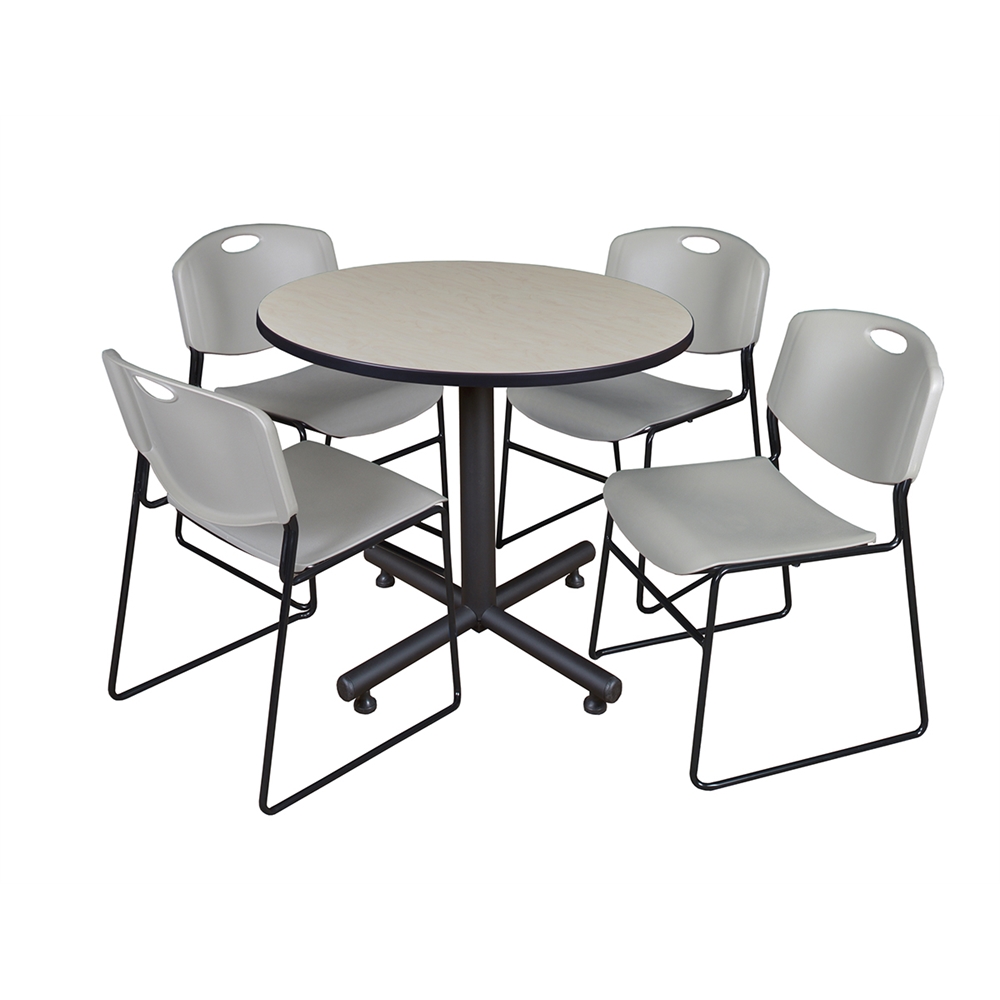 Kobe 36" Round Breakroom Table- Maple & 4 Zeng Stack Chairs- Grey. Picture 1