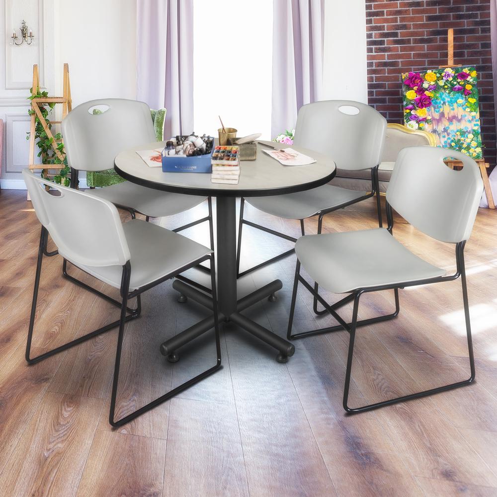 Kobe 36" Round Breakroom Table- Maple & 4 Zeng Stack Chairs- Grey. Picture 2
