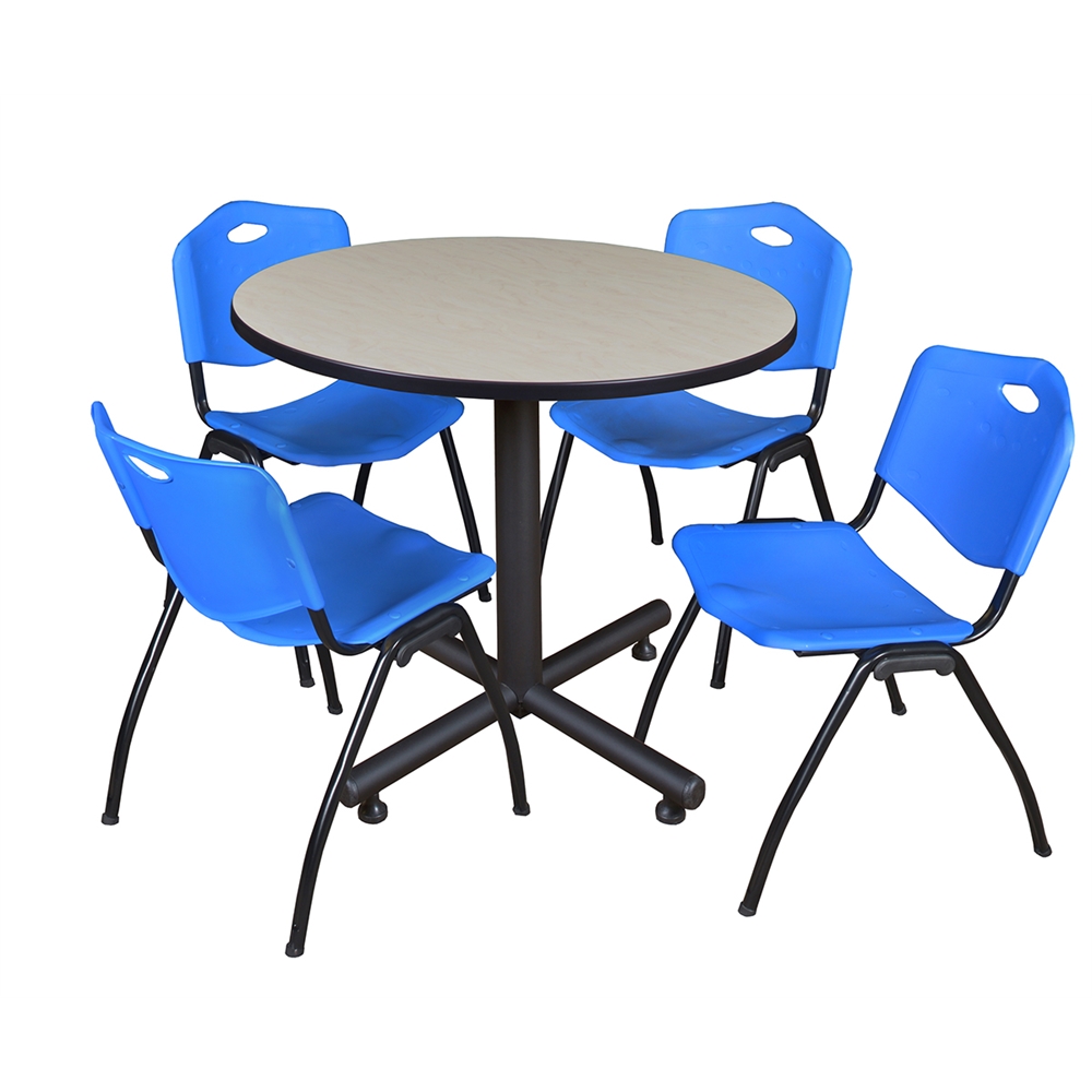 Kobe 36" Round Breakroom Table- Maple & 4 'M' Stack Chairs- Blue. Picture 1