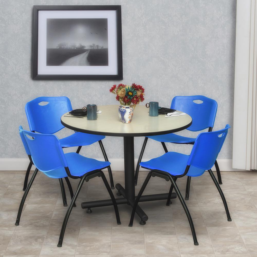 Kobe 36" Round Breakroom Table- Maple & 4 'M' Stack Chairs- Blue. Picture 2