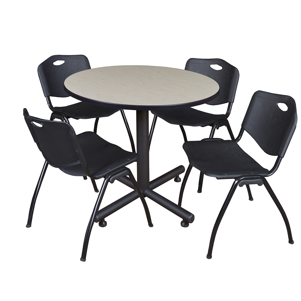 Kobe 36" Round Breakroom Table- Maple & 4 'M' Stack Chairs- Black. Picture 1