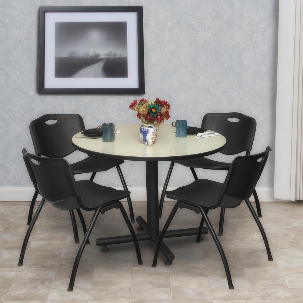 Kobe 36" Round Breakroom Table- Maple & 4 'M' Stack Chairs- Black. Picture 2