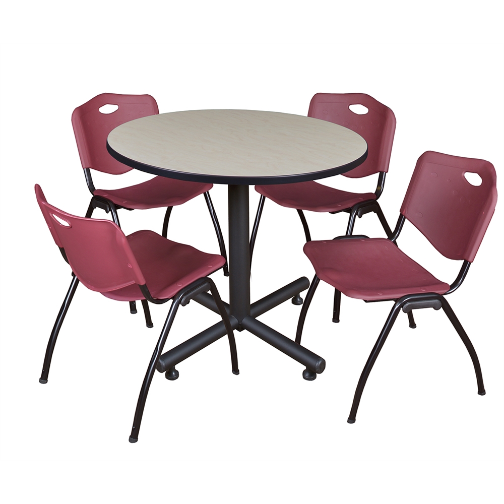 Kobe 36" Round Breakroom Table- Maple & 4 'M' Stack Chairs- Burgundy. Picture 1