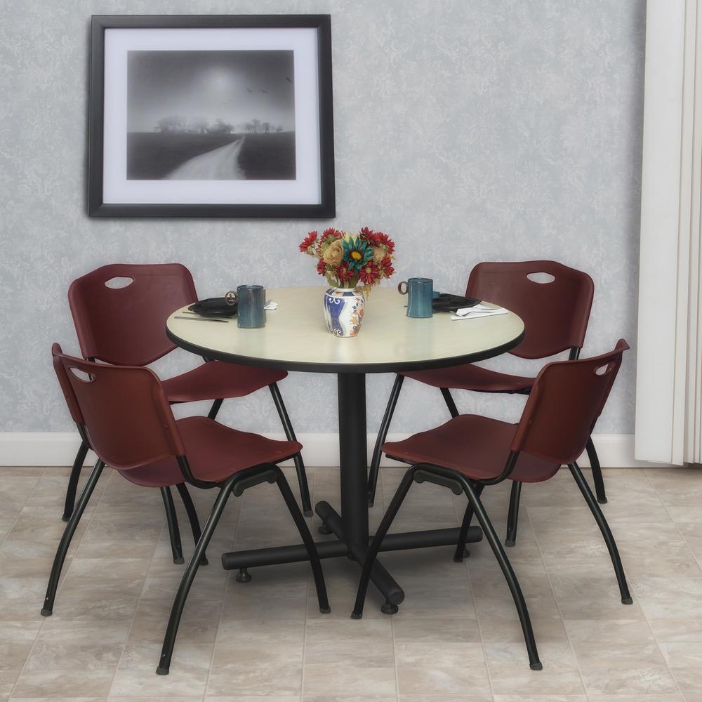 Kobe 36" Round Breakroom Table- Maple & 4 'M' Stack Chairs- Burgundy. Picture 2