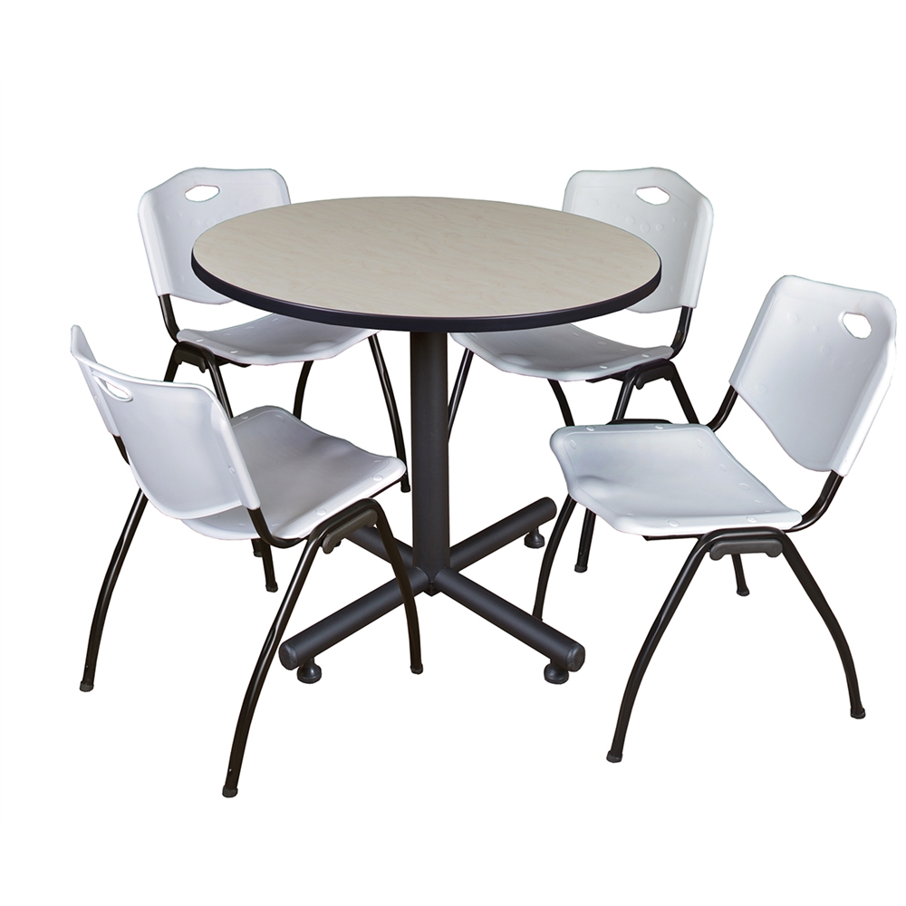 Kobe 36" Round Breakroom Table- Maple & 4 'M' Stack Chairs- Grey. Picture 1