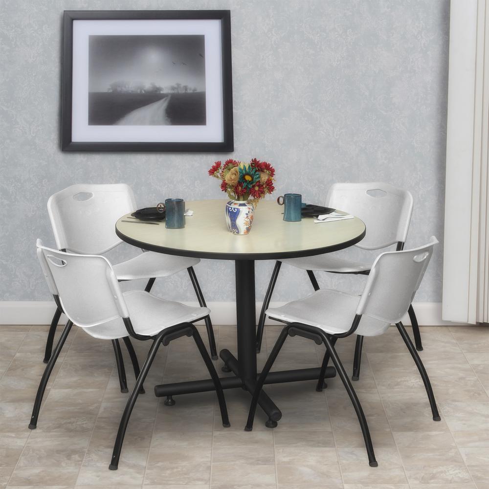 Kobe 36" Round Breakroom Table- Maple & 4 'M' Stack Chairs- Grey. Picture 2