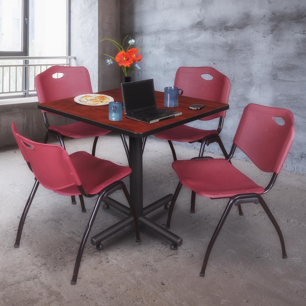 Kobe 42" Square Breakroom Table- Cherry & 4 'M' Stack Chairs- Burgundy. Picture 2