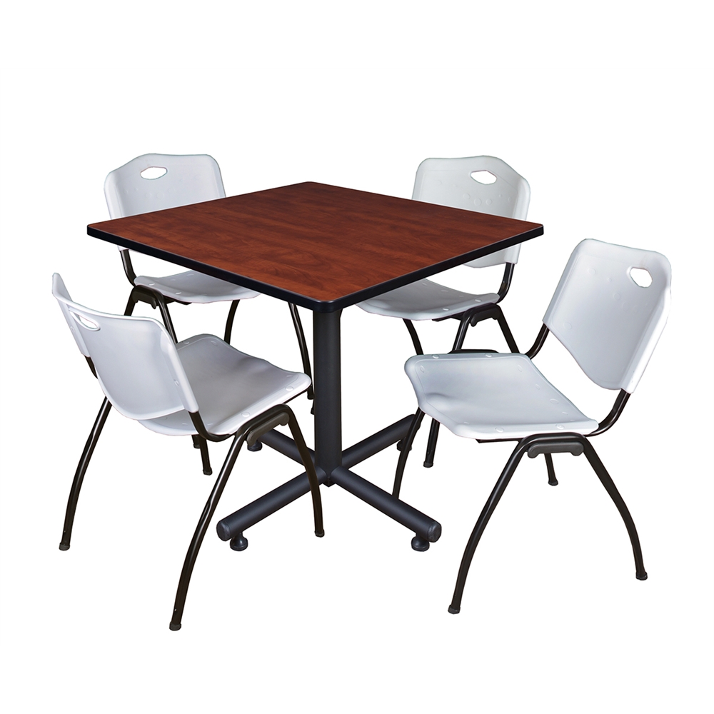 Kobe 42" Square Breakroom Table- Cherry & 4 'M' Stack Chairs- Grey. The main picture.