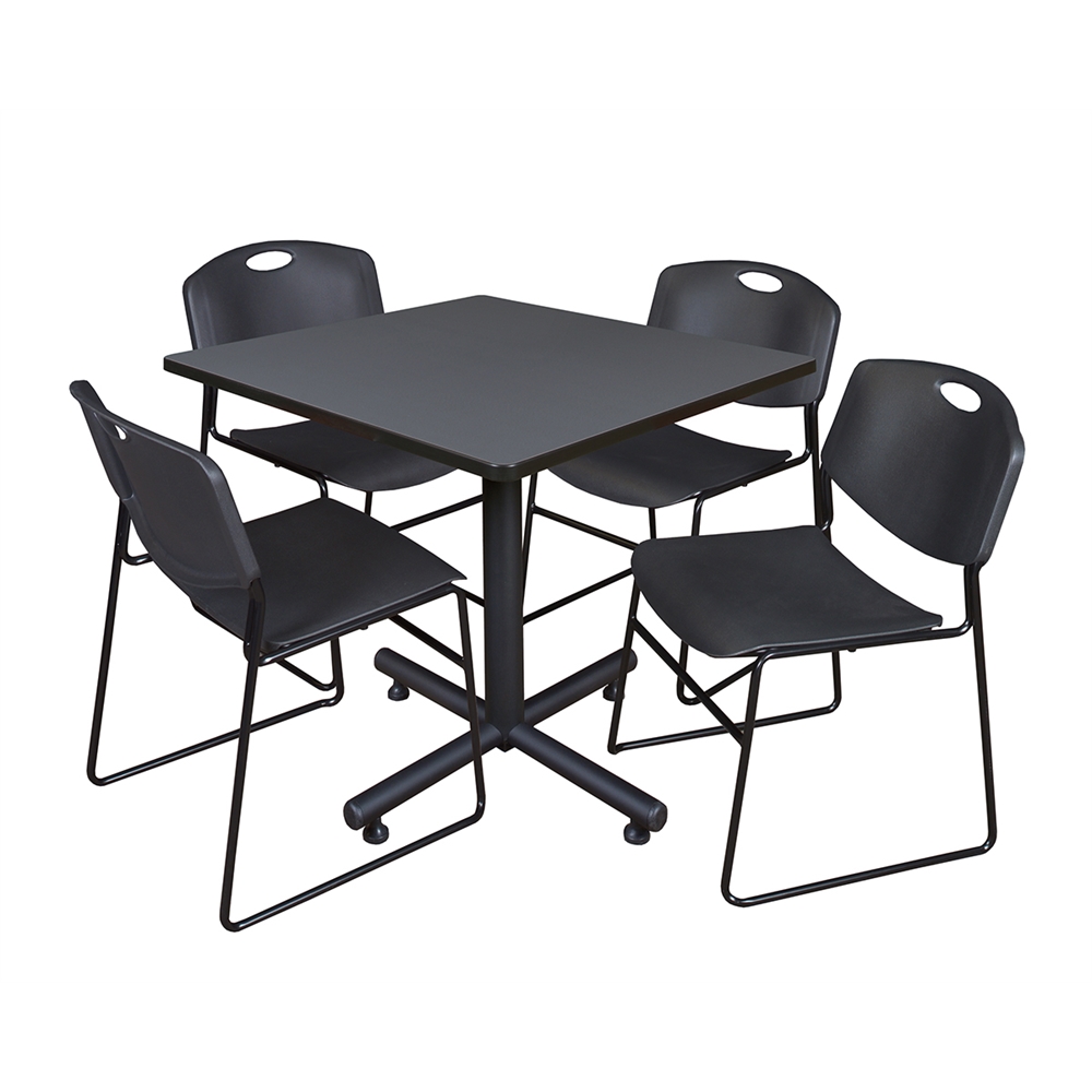 Kobe 42" Square Breakroom Table- Grey & 4 Zeng Stack Chairs- Black. Picture 1