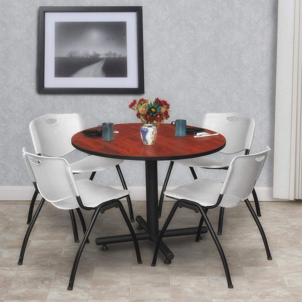 Kobe 42" Round Breakroom Table- Cherry & 4 'M' Stack Chairs- Grey. Picture 2