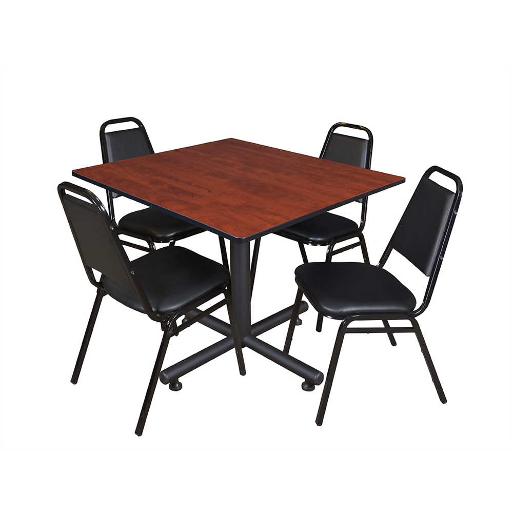 Kobe 48" Square Breakroom Table- Cherry & 4 Restaurant Stack Chairs- Black. Picture 1