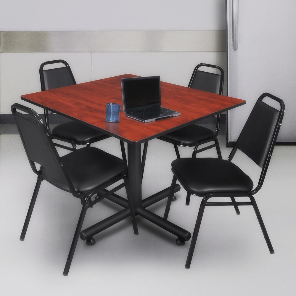 Kobe 48" Square Breakroom Table- Cherry & 4 Restaurant Stack Chairs- Black. Picture 2