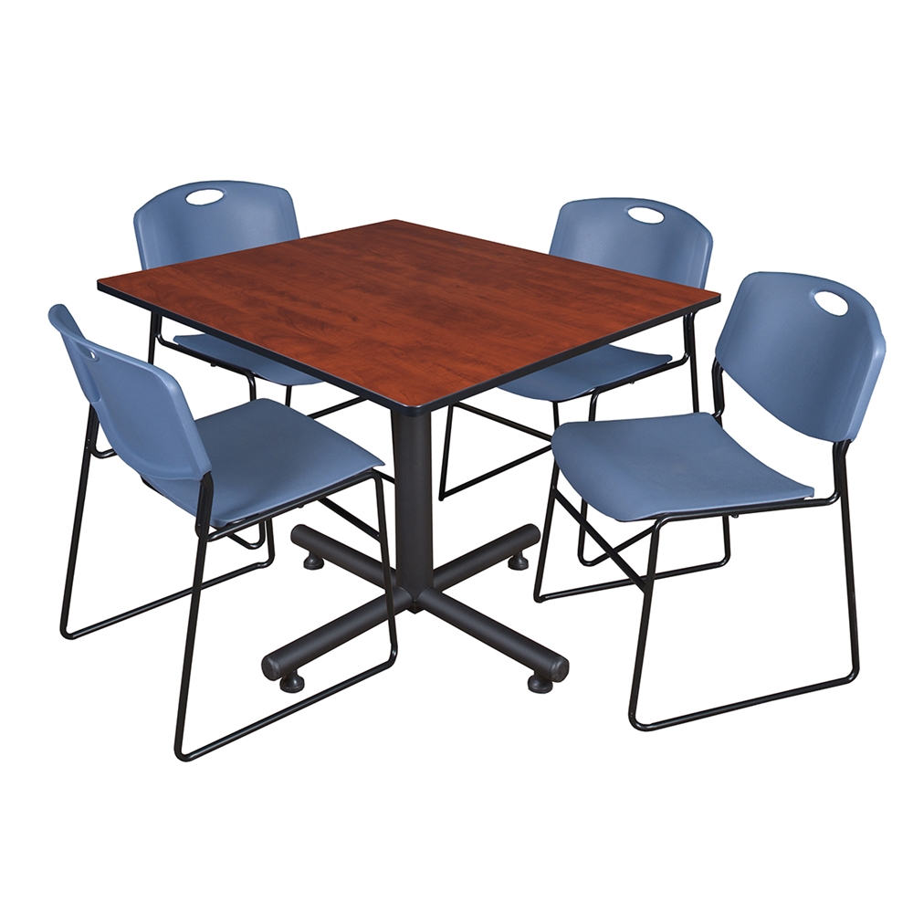 Kobe 48" Square Breakroom Table- Cherry & 4 Zeng Stack Chairs- Blue. Picture 1