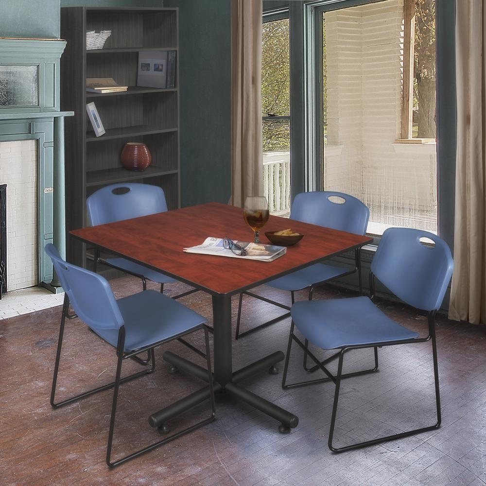 Kobe 48" Square Breakroom Table- Cherry & 4 Zeng Stack Chairs- Blue. Picture 2