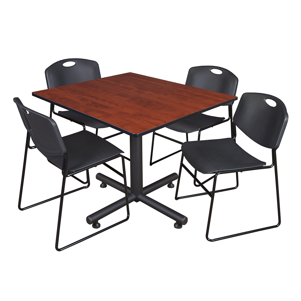 Kobe 48" Square Breakroom Table- Cherry & 4 Zeng Stack Chairs- Black. Picture 1