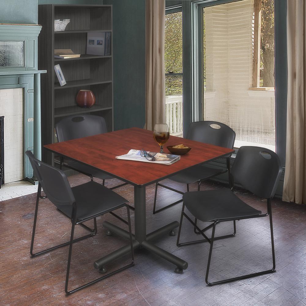 Kobe 48" Square Breakroom Table- Cherry & 4 Zeng Stack Chairs- Black. Picture 2