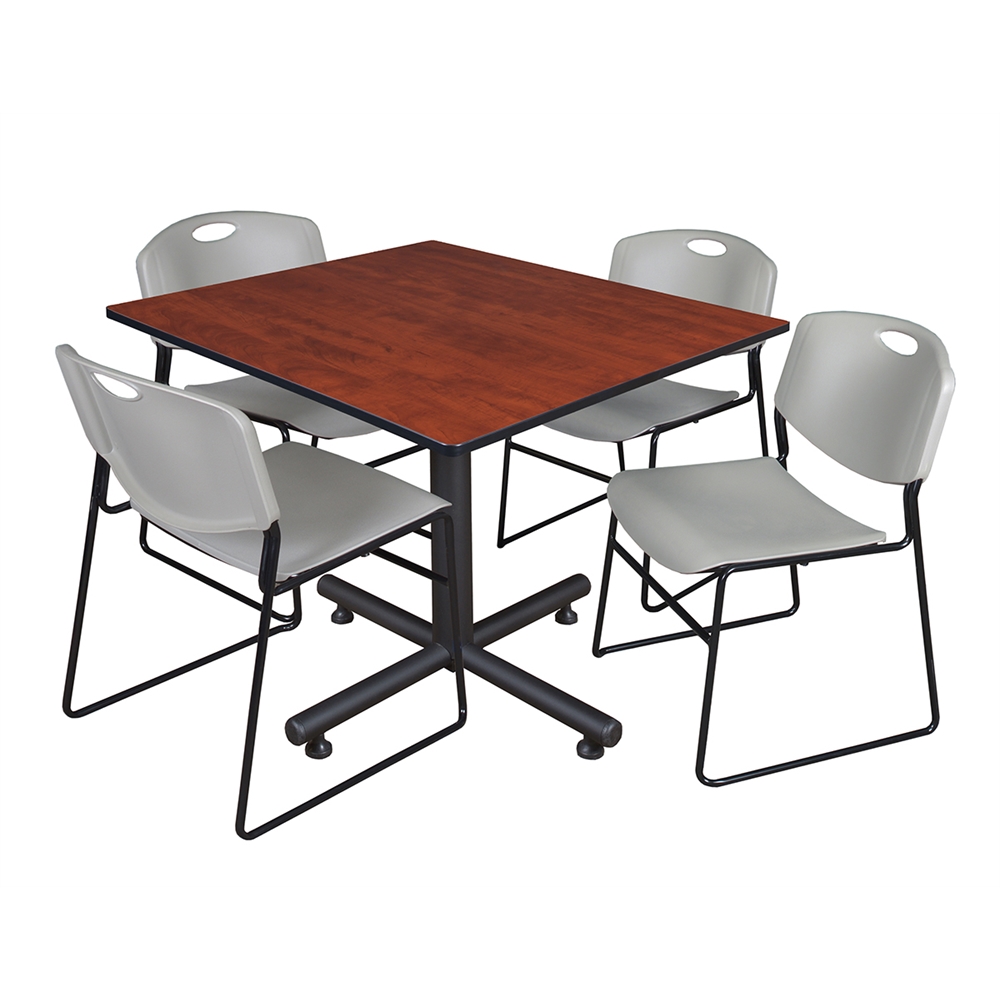 Kobe 48" Square Breakroom Table- Cherry & 4 Zeng Stack Chairs- Grey. Picture 1