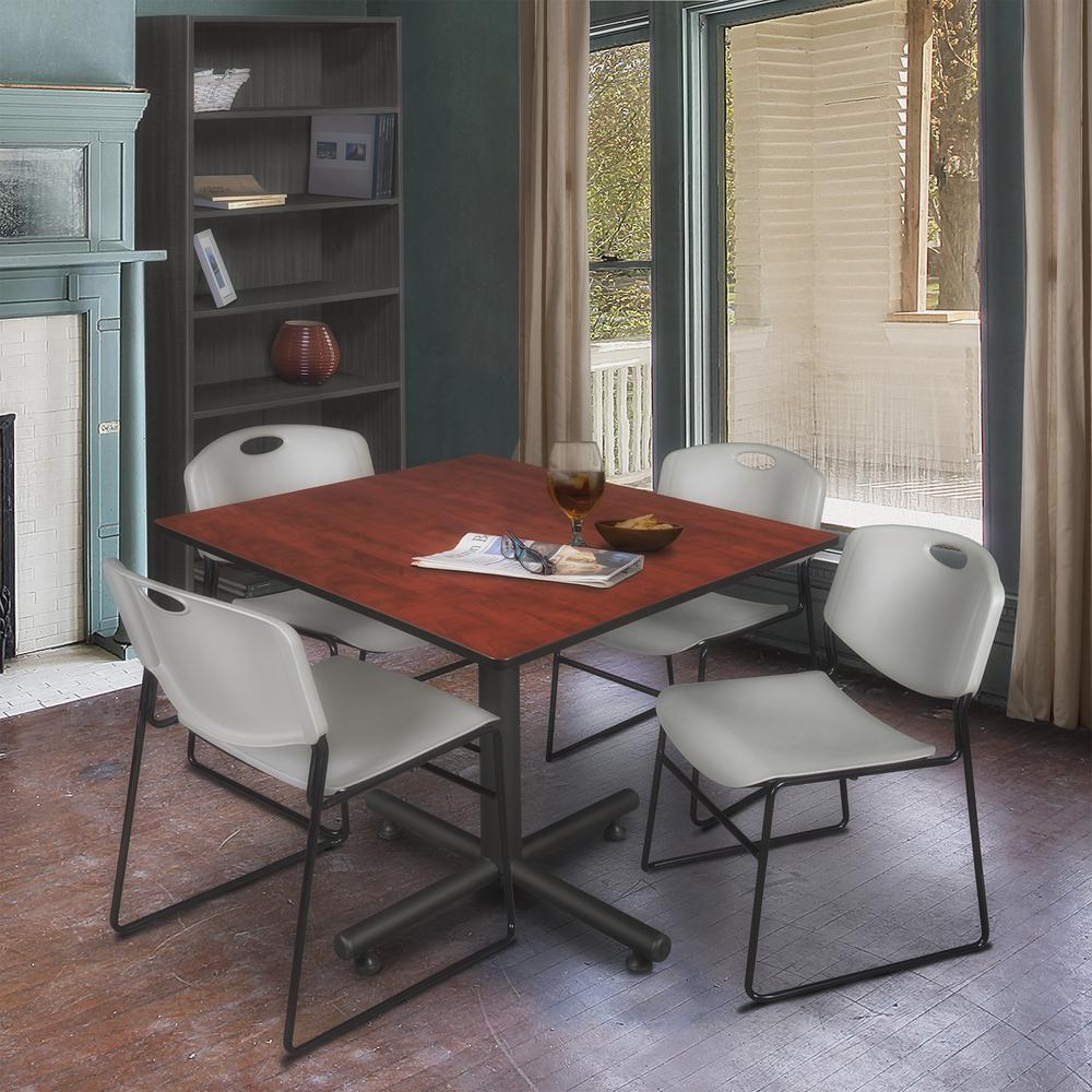Kobe 48" Square Breakroom Table- Cherry & 4 Zeng Stack Chairs- Grey. Picture 2