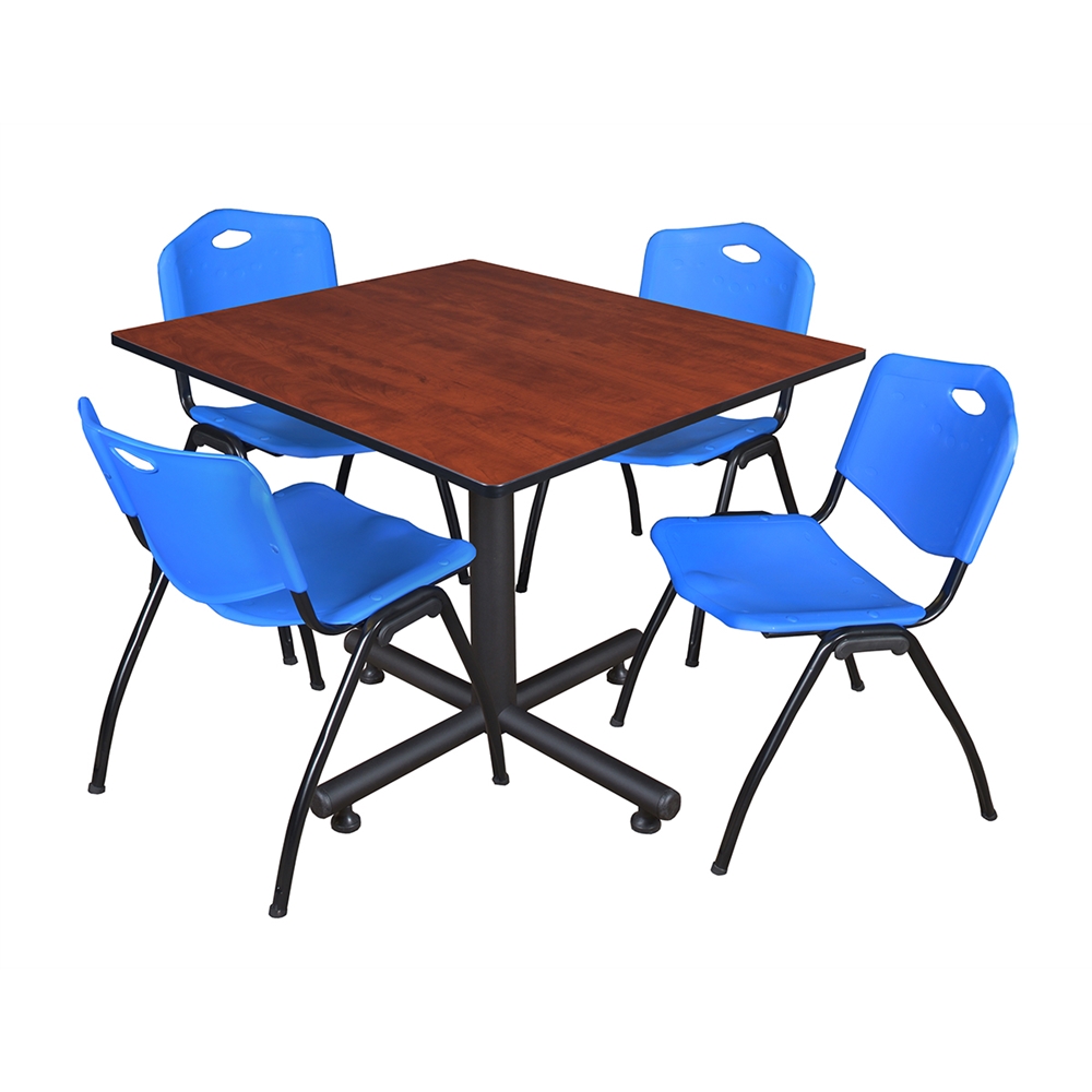 Kobe 48" Square Breakroom Table- Cherry & 4 'M' Stack Chairs- Blue. Picture 1