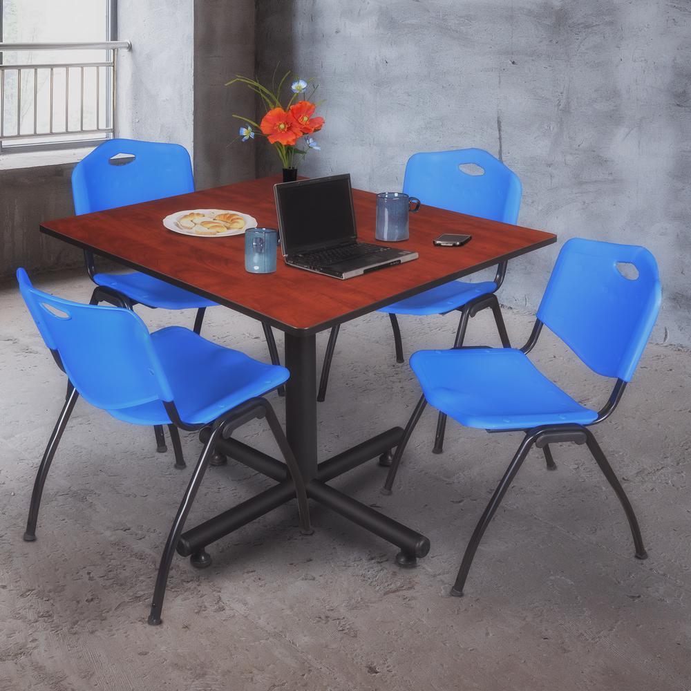 Kobe 48" Square Breakroom Table- Cherry & 4 'M' Stack Chairs- Blue. Picture 2